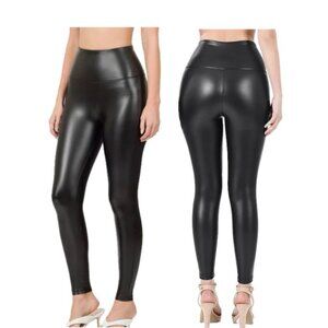MOTO LEGGINGS FAUX LEATHER BLACK EMO  HIGH RISE FREE WAISTBAND ANKLE LENGTH GOTH